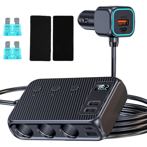 MUSICOZY Car Cigarette Lighter Adapter Splitter, 9 in 1 Cigarette Lighter USB Charger 3 Socket USB C Car Charger Adapter with Voltmeter 12V/24V Plug Outlet Fast Charging for Phone Laptop Car Devices
