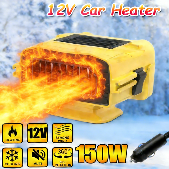 MUSICOZY Car Heater Fan 12v 150w Winter Windshield Defogger and Defroster,2 in 1 Portable Car Fast Heating Cooling Fan Can Heat for Seat with 1.4M Line, 360° Rotatable Base Car Heater(Yellow)