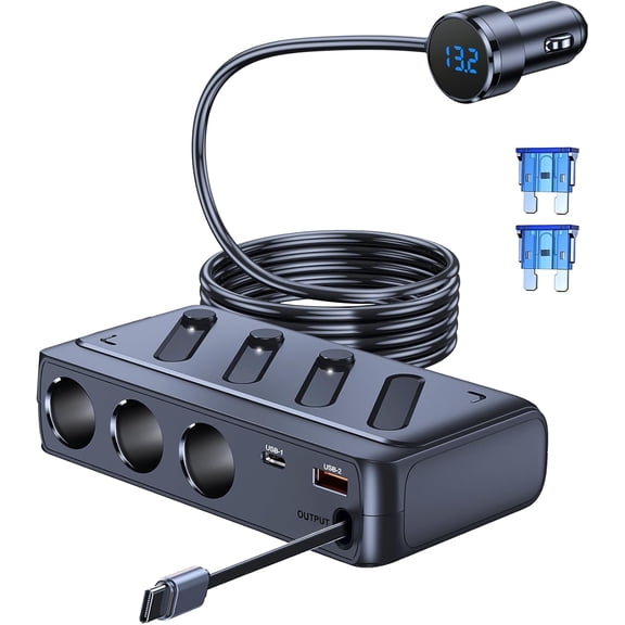 MUSICOZY Cigarette Lighter Splitter with Retractable Type-C Cable,3 Sockets & 3 USB Ports (PD45W+QC),12V/24V Car Charger Adapter, LED Voltage Display & Safety Switch for Vehicles/RV/SUV/Truck