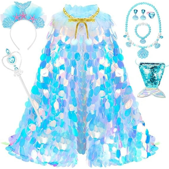 MUSICOZY Girls Princess Dress Up Toys,Baby Princess Dress Up Clothes Rainbow Mermaid Cape Kit 9 Pcs Gift Set for Little Girls 3 4 5 6 7 8 Years,kids Costume Set Props fot Halloween Christmas,Blue