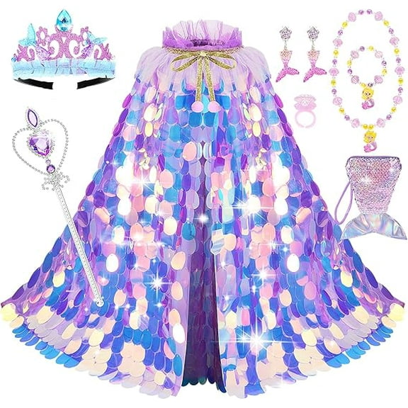 MUSICOZY Girls Princess Dress Up Toys,Baby Princess Dress Up Clothes Rainbow Mermaid Cape Kit 9 Pcs Gift Set for Little Girls 3 4 5 6 7 8 Years,kids Costume Set Props fot Halloween Christmas,Purple