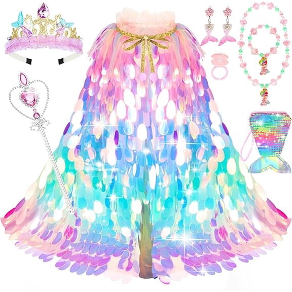 MUSICOZY Girls Princess Dress Up Toys,Baby Princess Dress Up Clothes Rainbow Mermaid Cape Kit 9 Pcs Gift Set for Little Girls 3-8 Years,kids Costume Set Props fot Halloween Christmas,Multicolor