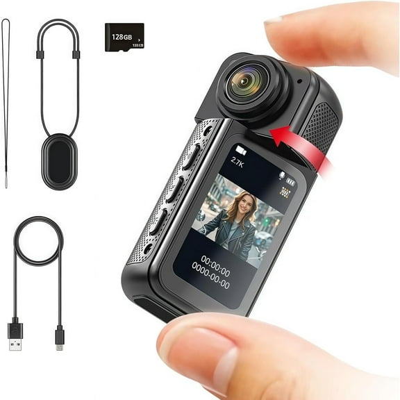 128GB FHD 2.7K Mini Rotate Body Camera, Wearable Action Body Cam, Thumb Size Hands Free Recording Body Worn Camera, Portable Camcorder Mount Anywhere for Work, Travel, Sport,Pet Walking (Black)