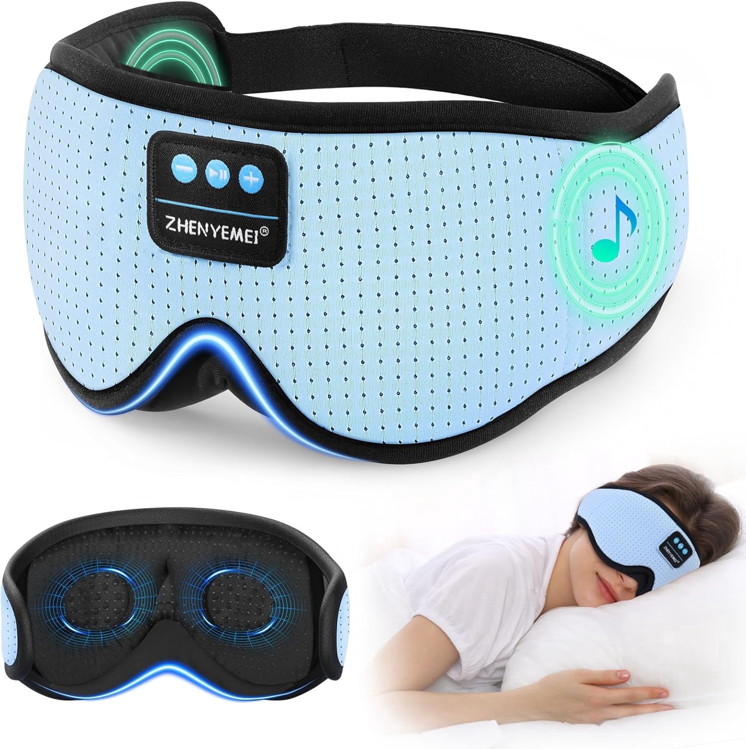 MUSICOZY White Noise Sleep Mask Headphones with 16 Soothing Sounds, Bluetooth Sleep Mask 3D Wireless Music Sleeping Headphones for Side Sleeper,Wireless Music Eye Mask with Timer, Gifts for Men Women