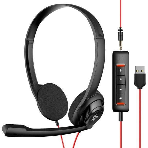 MUSICOZY USB Headset with Microphone for PC Laptop - Wired Computer Headphones with Clear Chat  Microphone for Home Office Online Class Skype Zoom Meetings Call Center and More