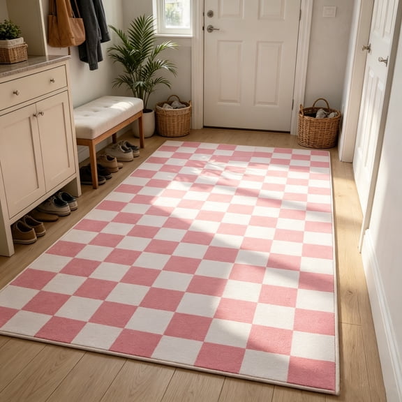 MUSICWAKER Contemporary Low Pile Pink Checkerboard Area Rug, Non-Slip Backing, 4' x 6' Indoor Rug for Living Room Bedroom Dining Room Apartment Dorm