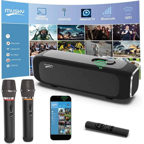 MUSKY Smart Karaoke Machine for Adults - with Screen mirroring, 2 Wireless Mics, External System, Professional Bluetooth Speaker, Speaker Any Occasion, Support TV Box