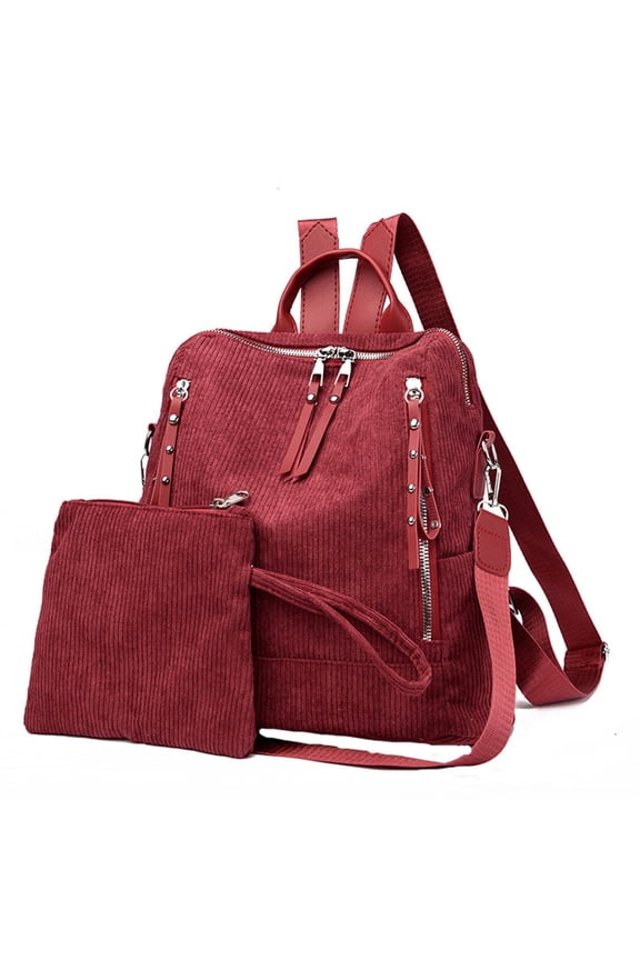 2PCS Backpack Purse Women Corduroy Casual Daypack Multi-Pocket College Bookbag Shoulder Bag
