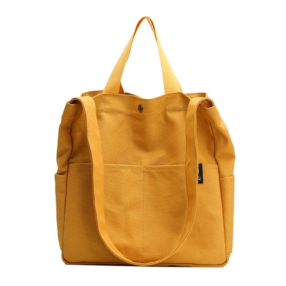 MUSOIE Canvas Grocery Bag with Multi Pockets Long Shoulder Strap Short Top Handle Foldable Bag