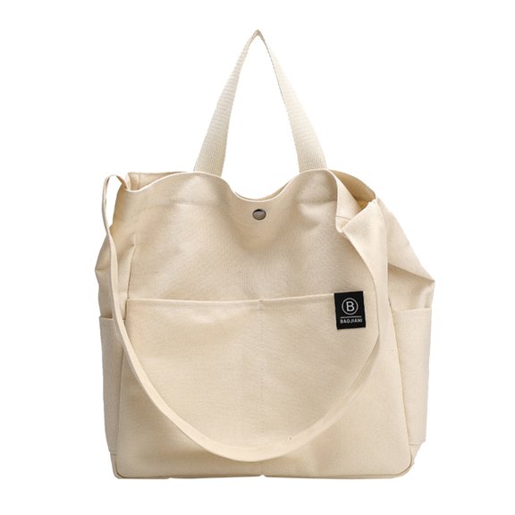 MUSOIE Canvas Grocery Bag with Multi Pockets Long Shoulder Strap Short Top Handle Foldable Bag