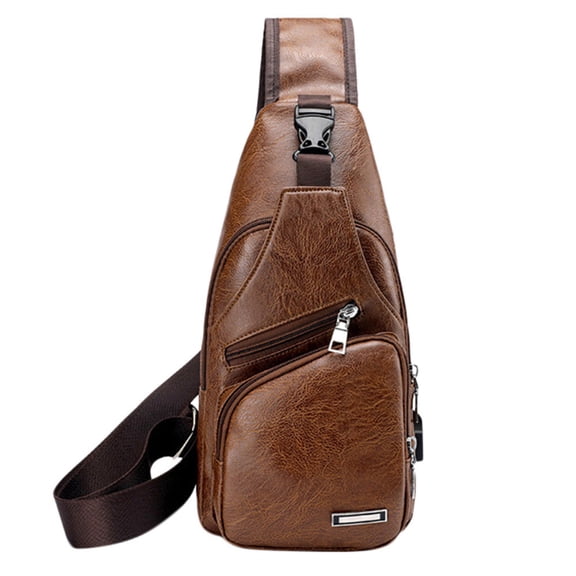 MUSOIE Vegan Leather Sling Bag for Men Women with USB Charging Port Hiking Backpack Vintage Daypack
