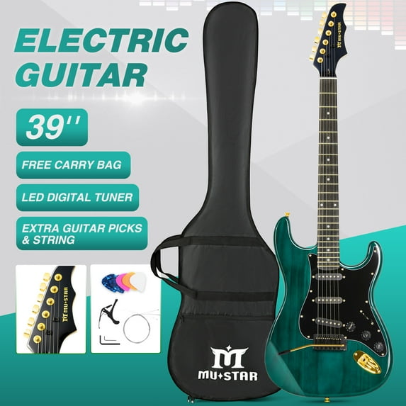 MUSTAR 39 Inch Full Size Solid Wood Electric Guitar Kit Beginner Gift with 25W Amplifier Gig Bag,Capo,Strap,Cable,Picks(Green)