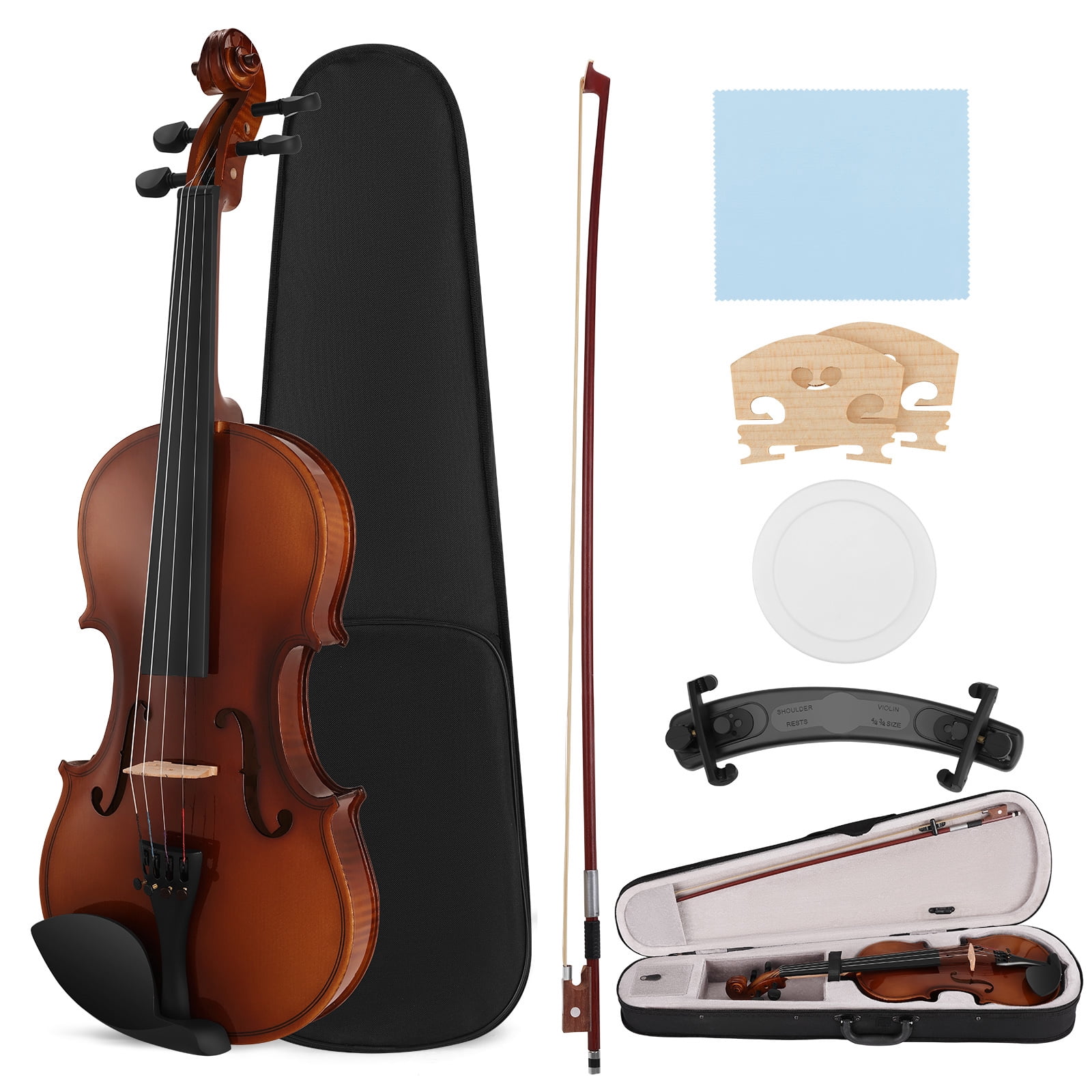 MUSTAR 4/4 Full Classic Violin Set with Bow, Rosins, Hard Case, Mute, Fingerboard Stickers, Shoulder Rest, Beginner Kit (Brown)
