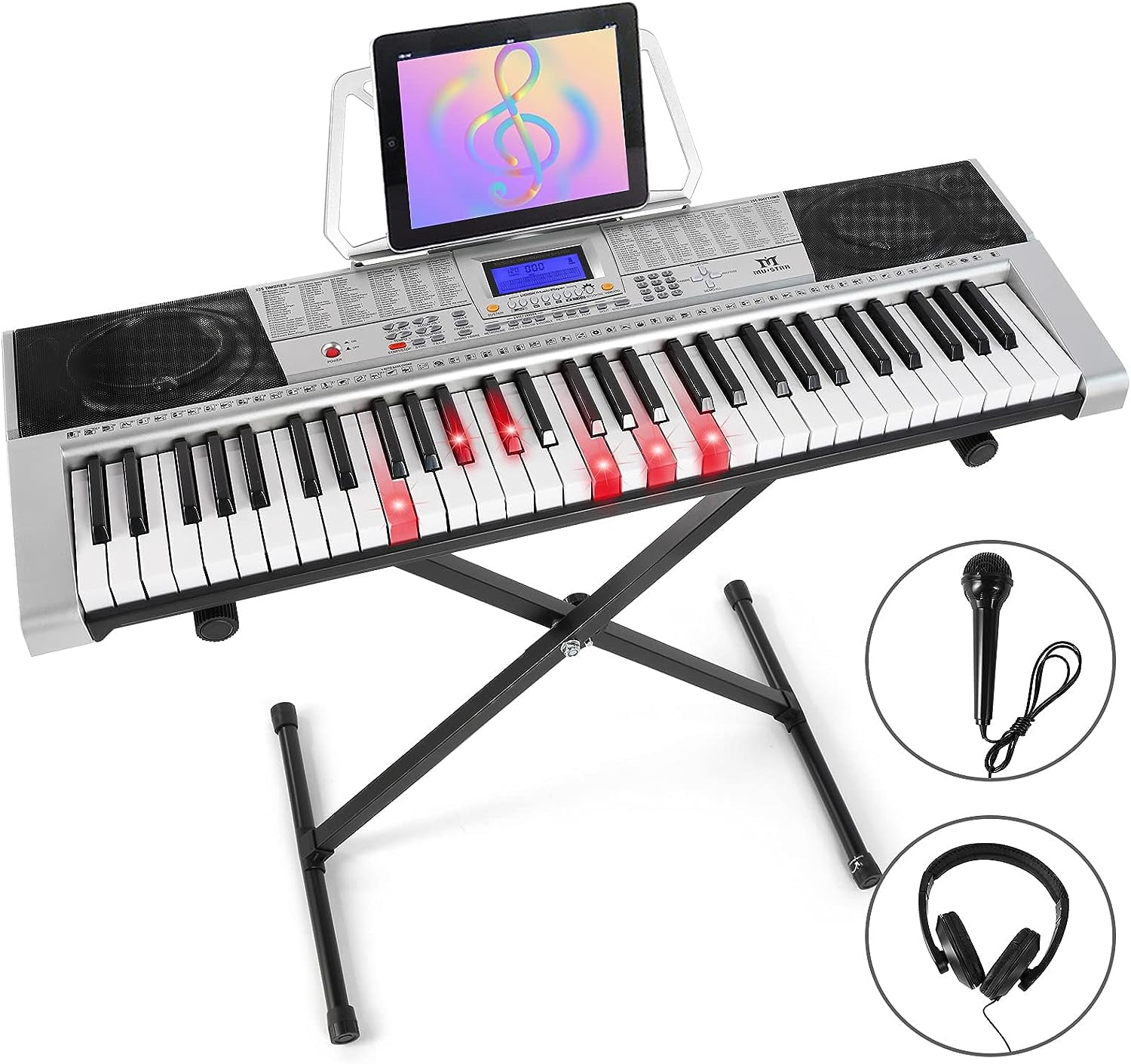 MUSTAR 61 Key Electric Piano Keyboard with Lighted Up Keys,Stand,LCD Screen,Headphones,Microphone