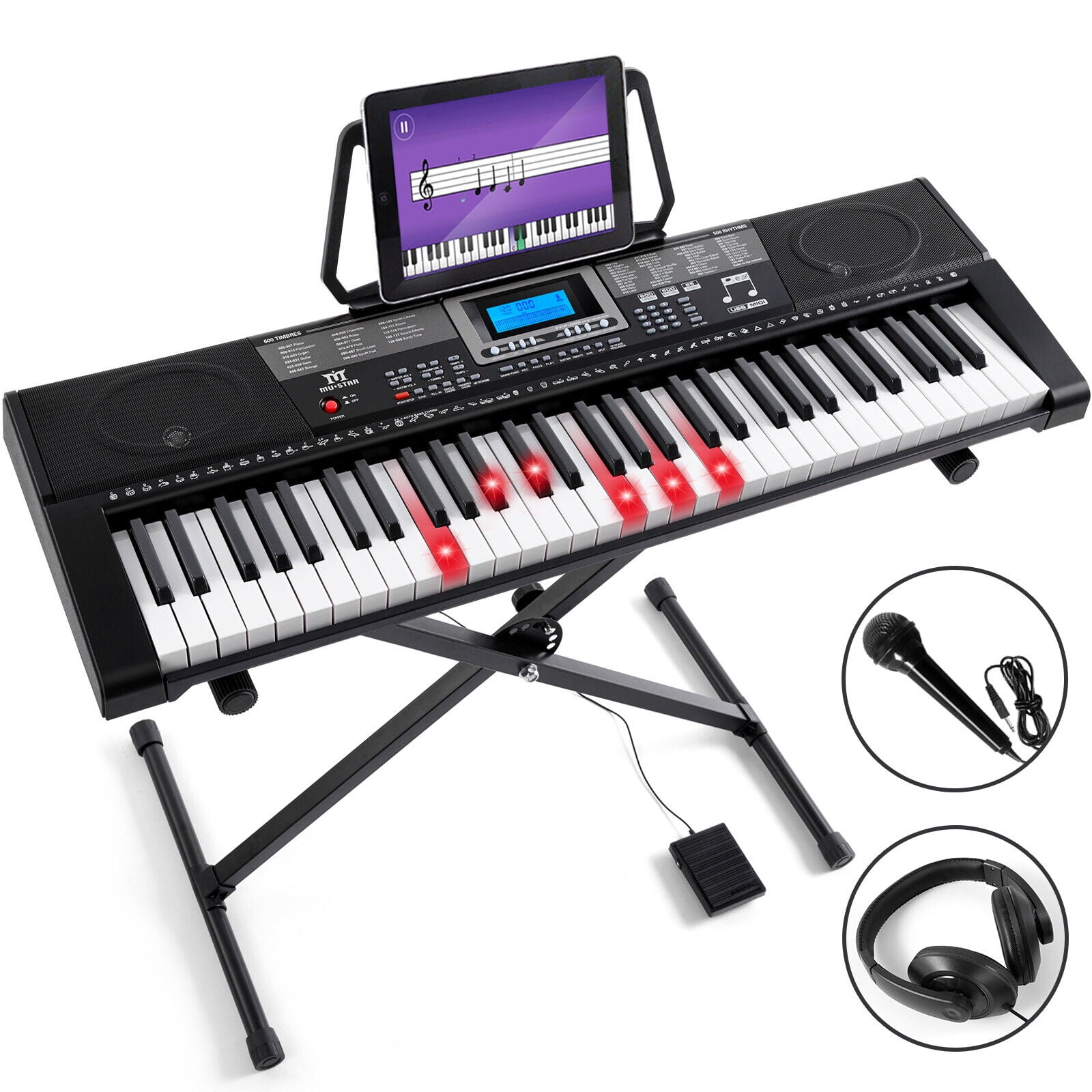 MUSTAR 61 Key Lighted Up Keyboard Electric Piano Key with Stand,Sustain Pedal,Headphones/Microphone,USB Midi,Built-in Speakers(Black)