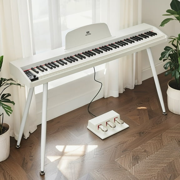 MUSTAR 88 Key Piano Keyboard for Beginners, Portable Semi Weighted Electric Digital Piano with 3-Pedal Unit, Built-In Speakers, USB/MIDI Connecting (White)