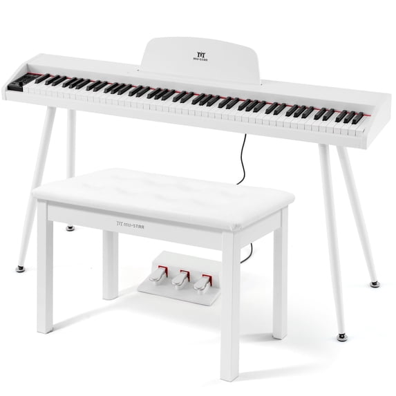 MUSTAR 88-Key Portable Digital Piano Electric Semi Weighted Dual Keyboards with Piano Bench,USB/MIDI,Bluetooth,Triple Pedal,4 Legged Stands(White)