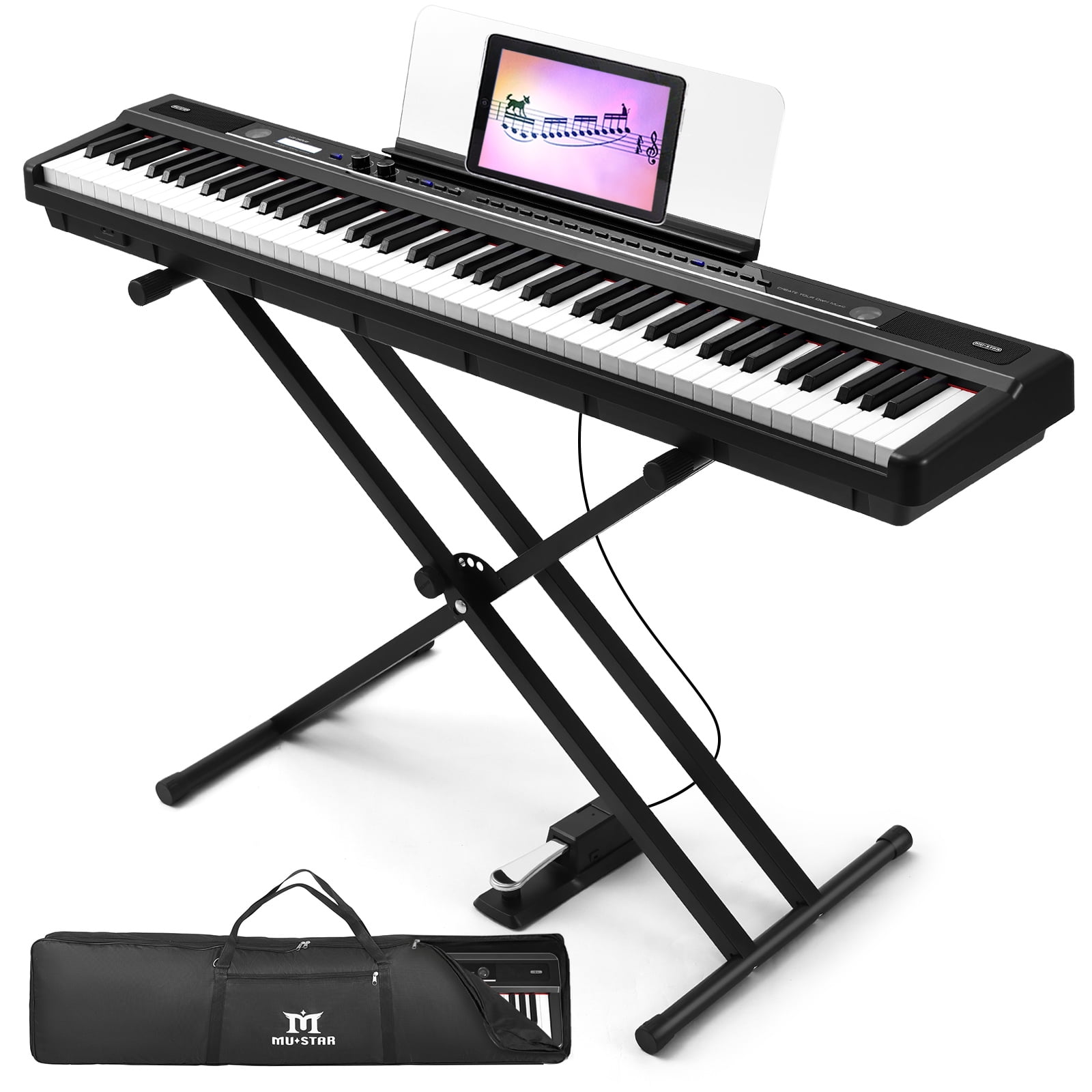 MUSTAR Digital Piano 88 Key Semi Weighted Full Size Electric Piano for Beginners with Stand, 129 Voices, Case, Sustain Pedal, USB MIDI, Black