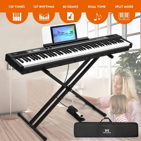 MUSTAR Full Size 88 Keys Semi Weighted Digital Piano Electric Piano Keyboards Beginners with Stand,129 Voices, Case, Sustain Pedal, USB MIDI(Black)