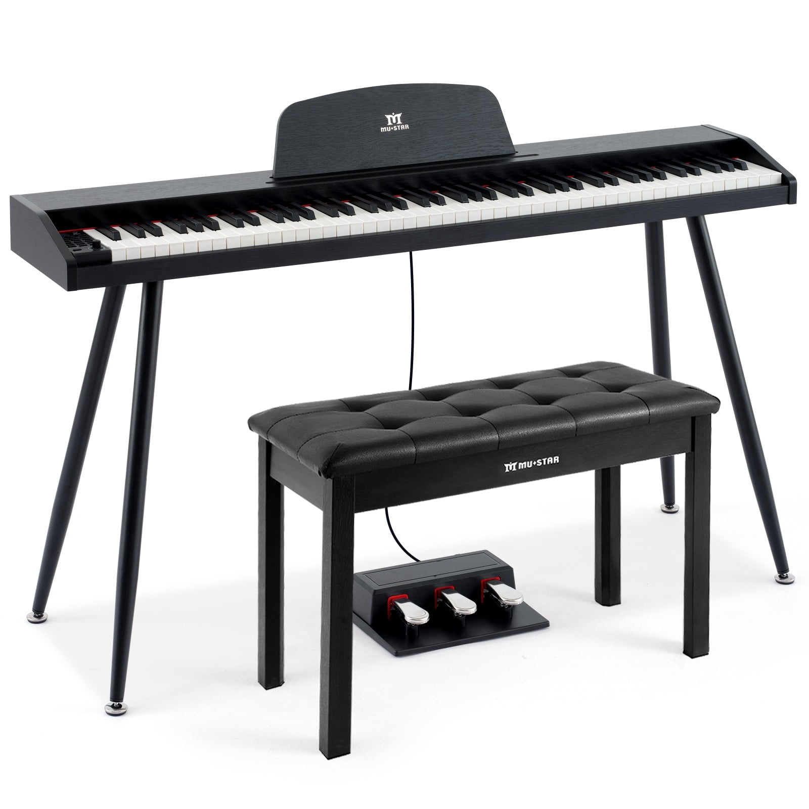 MUSTAR Full Size 88 Keys Semi Weighted Digital Piano Portable Electric Dual Keyboards USB/MIDI with Bench,Triple Pedal,4 Legged Stands(Black)