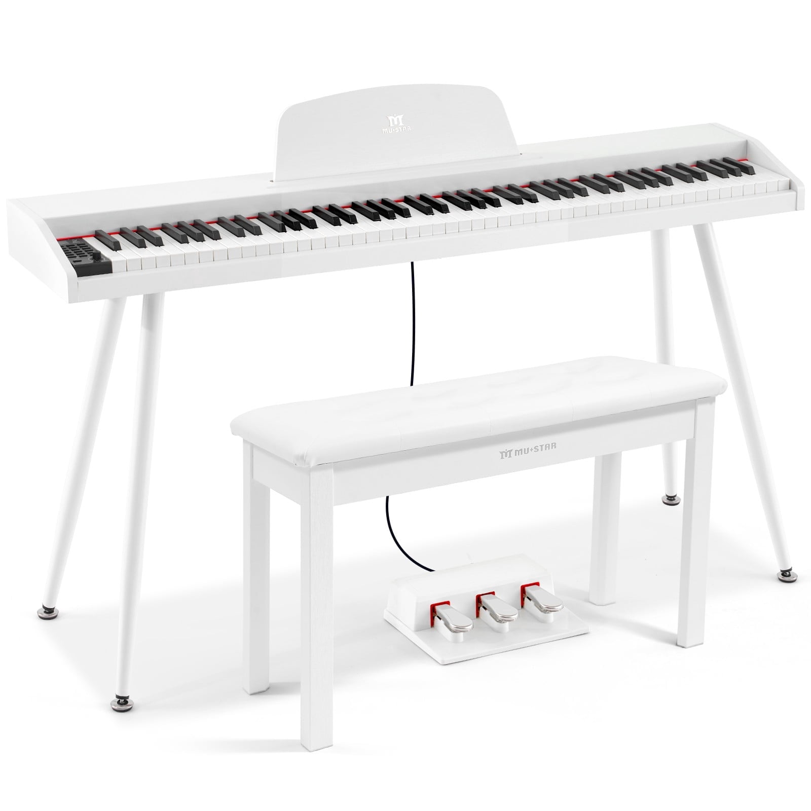 MUSTAR Full Size 88 Keys Semi Weighted Digital Piano Portable Electric Dual Keyboards USB/MIDI with Bench,Triple Pedal,4 Legged Stands(White)