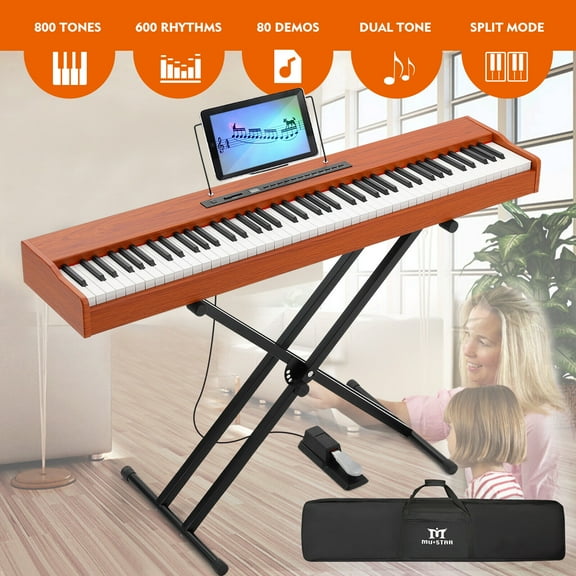 MUSTAR Full Size 88 Keys Semi Weighted Digital Piano Portable Electric Keyboard with Stand,Bluetooth,Sustain Pedal,USB MIDI,Carry Bag(Brown)