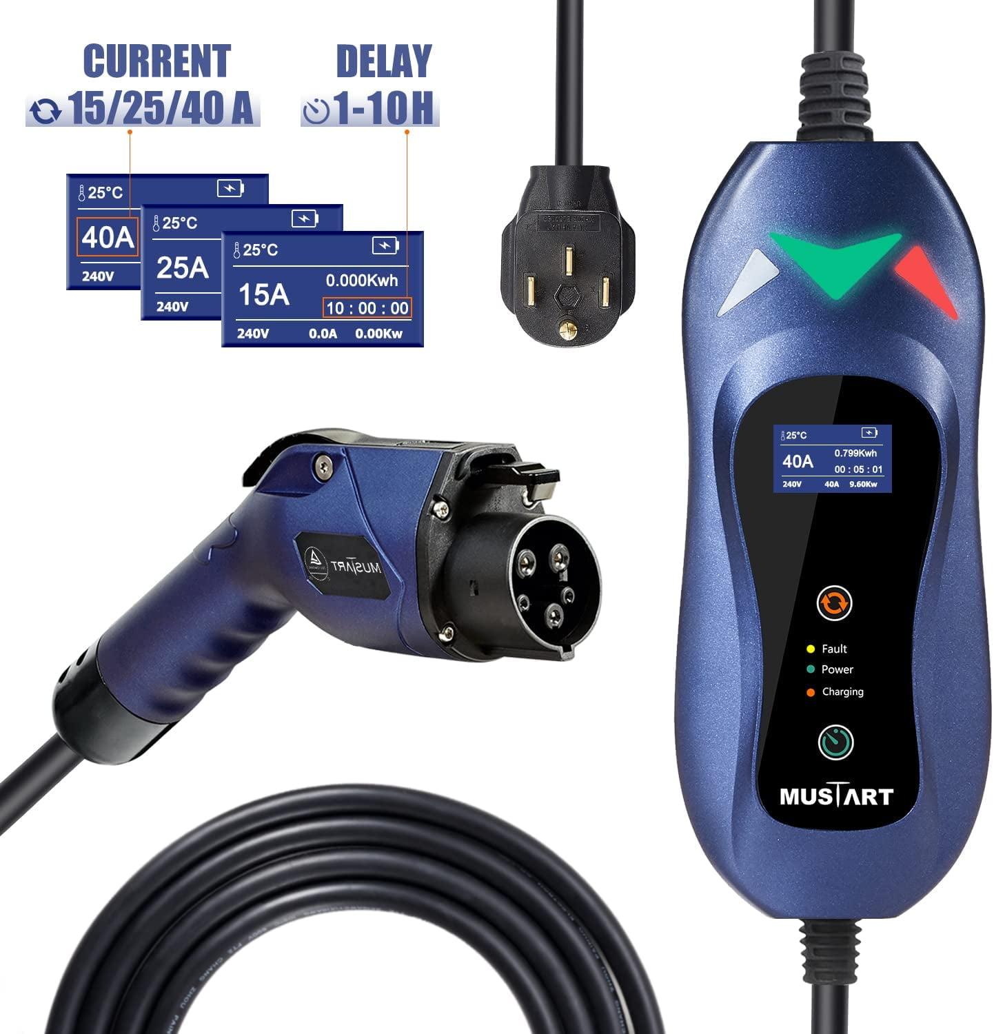 MUSTART Level 2 EV Charger 240V 25ft Cable 15 25 40A Adjustable Portable Charging Station Walmart