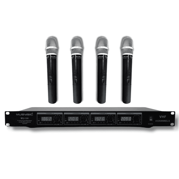 MUSYSIC MUV4HH Professional 4Channel VHF Wireless Microphone System 4 Handheld Mics, LongRange, Individual Volume Control, Rackmount Receiver