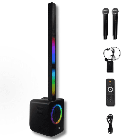 MUSYSIC MUU12CPA Professional Portable Column PA System  2000W Peak, Subwoofer + Column Array, 3 UHF Mics (2 Active at Once), Bluetooth, USB, SD, DSP, LED Light Columns