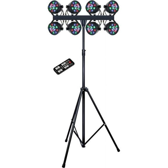 MUSYSIC MU‑L53GG Professional 8‑Par RGB LED DJ Lighting System – DMX, Auto, Sound Modes, Tripod Stand, Remote Control, Stage and Uplighting