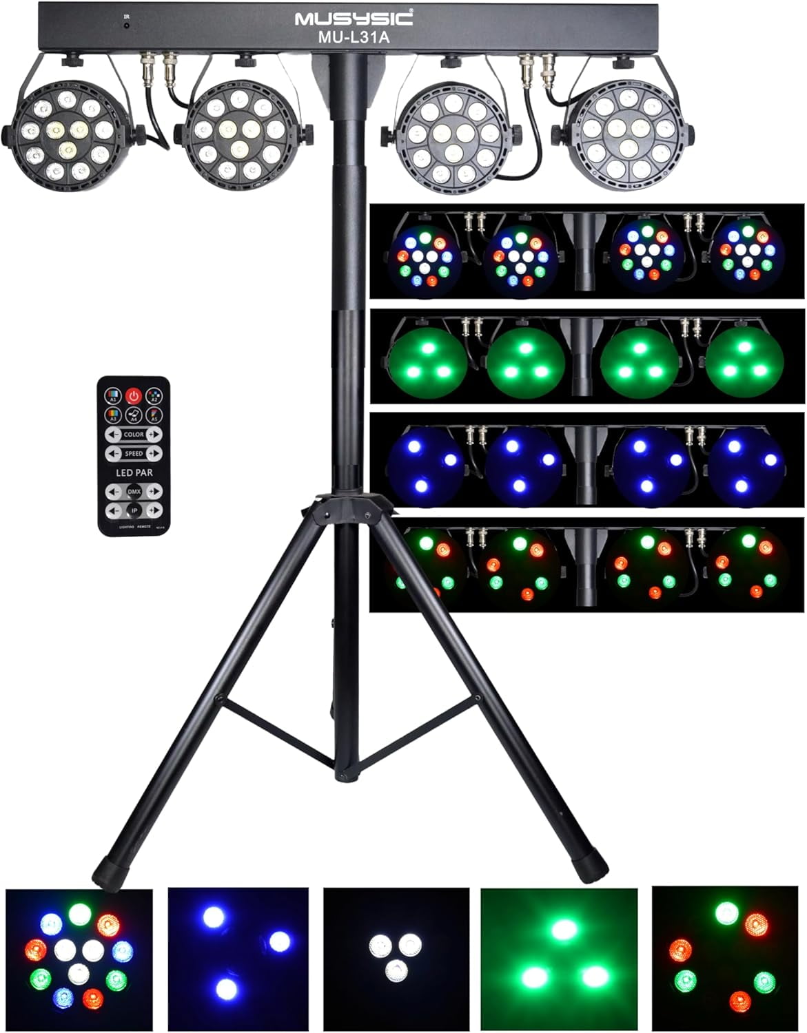 MUSYSIC MU-L31A Complete Professional 4-Par 4-in-1 Stage LED Lights DJ Band DMX System & Stand