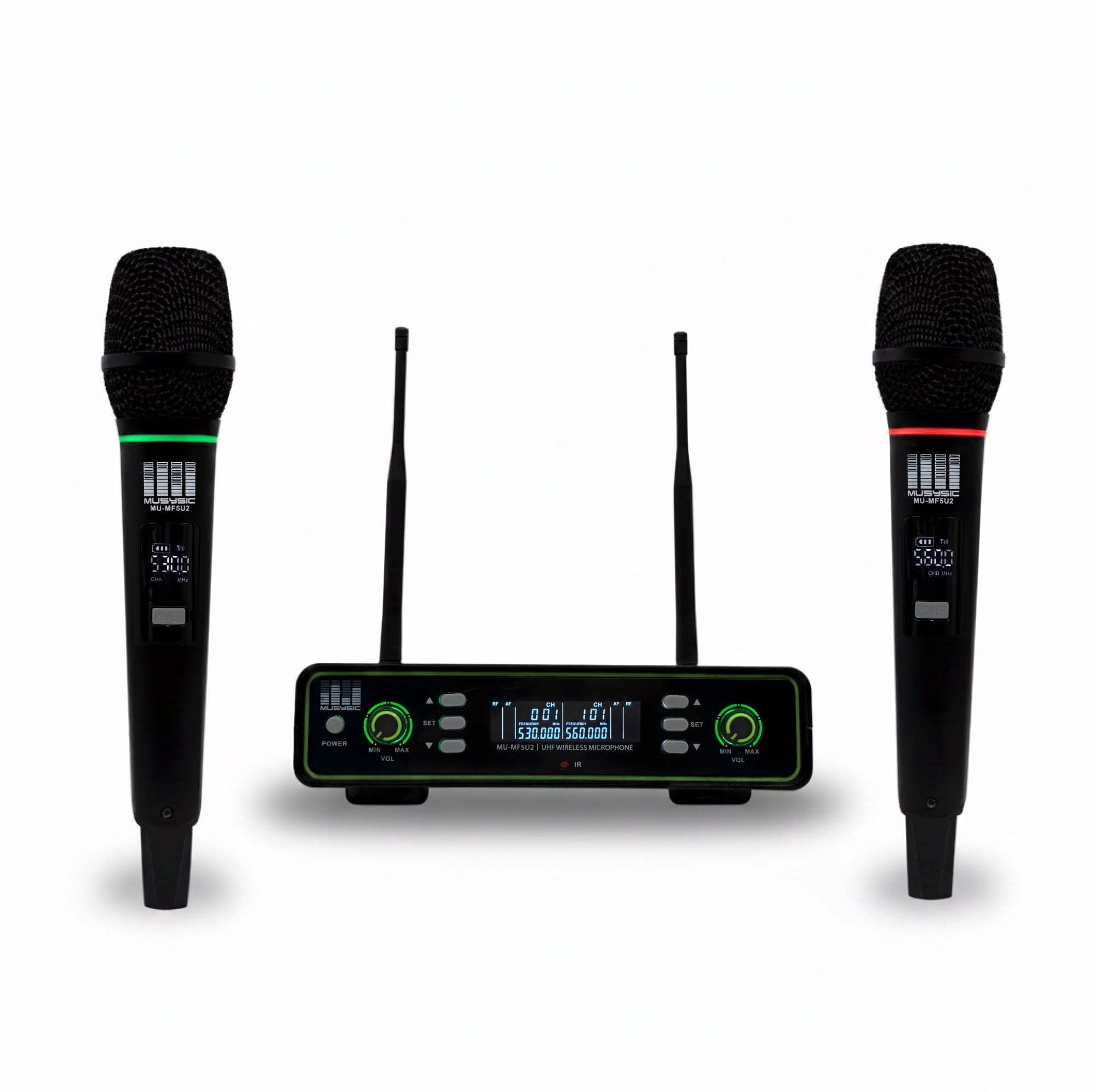 MUSYSIC MU‑MF5U2 Professional Dual‑Channel UHF Wireless Microphone System – 2 Handheld Mics, 500–580 MHz, LCD Display, IR Sync, 300 ft Range