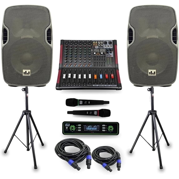 MUSYSIC MU‑PAS12 Complete 2000W PA Speaker System with 12" 2‑Way Passive Speakers, 6‑Channel Powered Mixer, Bluetooth, USB/SD, Dual Wireless Microphones