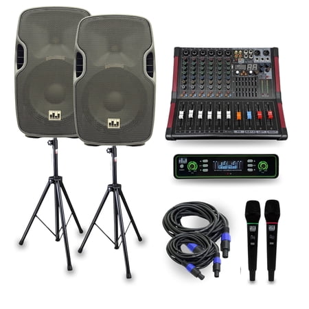 MUSYSIC MU-PAS15 Complete 2000W PA Speaker System with 15" 2-Way Passive Speakers, 6-Channel Powered Mixer, Bluetooth, USB/SD, Dual Wireless Microphones