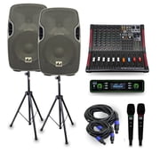 MUSYSIC MU PAS15 Complete 2000W PA Speaker System with 15" 2 Way Passive Speakers, 6 Channel Powered Mixer, Bluetooth, USB/SD, Dual Wireless Microphones