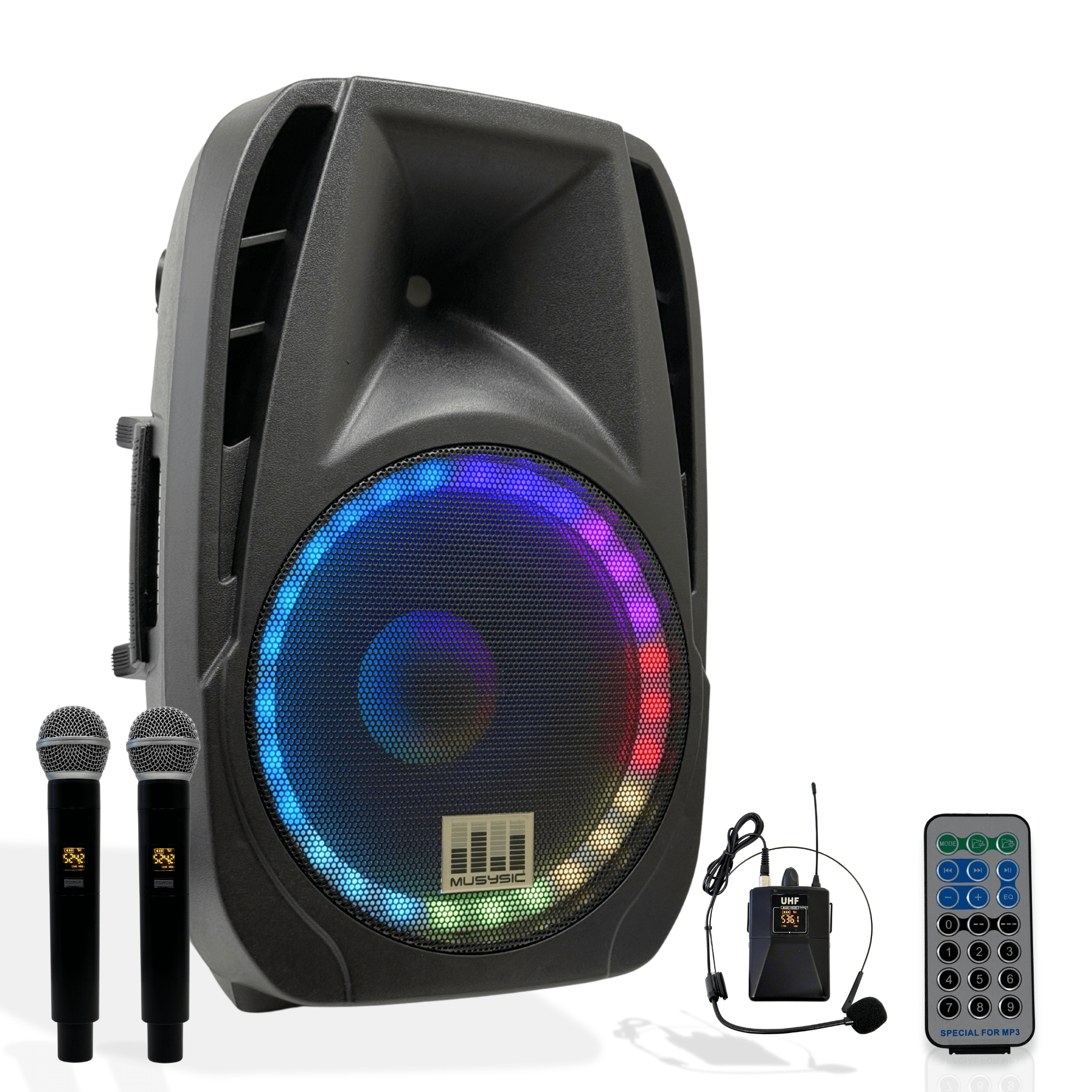 MUSYSIC MU‑U15PA Professional 15" Portable PA System – 2000W Peak, Dual UHF Wireless Microphones, Bluetooth, USB, FM Radio, Rechargeable Battery, Remote Control