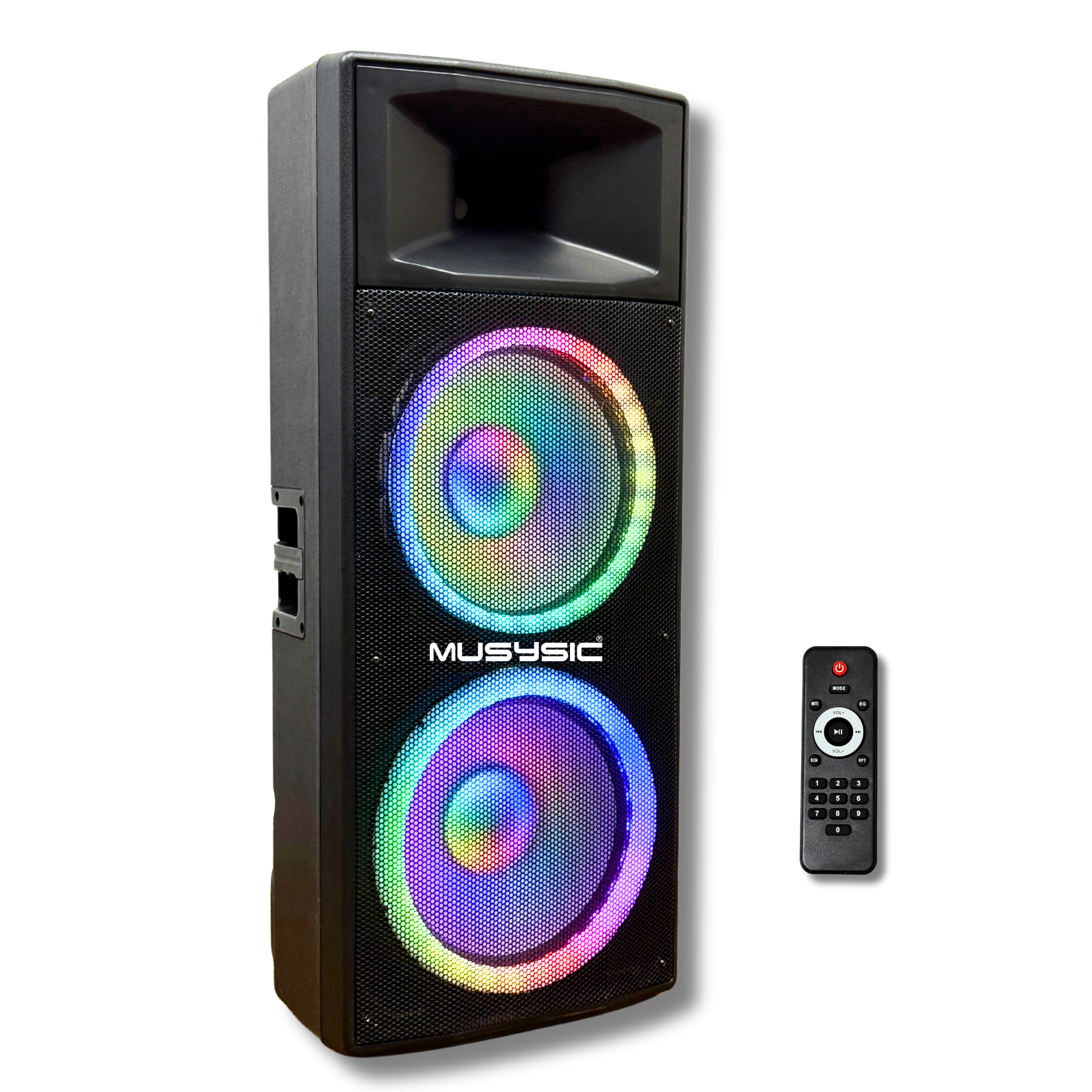 MUSYSIC MU215P4K Professional Dual 15" Powered Speaker  4000W Peak, Bluetooth, USB, SD Card, FM Radio, Dual Mic Inputs, LED Light, Remote Control