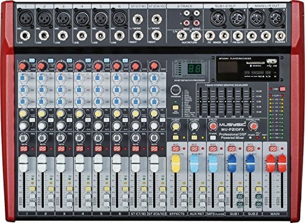 MUSYSIC MU‑P210fx Professional 10‑Channel Powered Mixer – 4800W PMPO, Bluetooth, USB/SD, 24‑Bit DSP Effects, 7‑Band EQ, XLR Inputs, Phantom Power