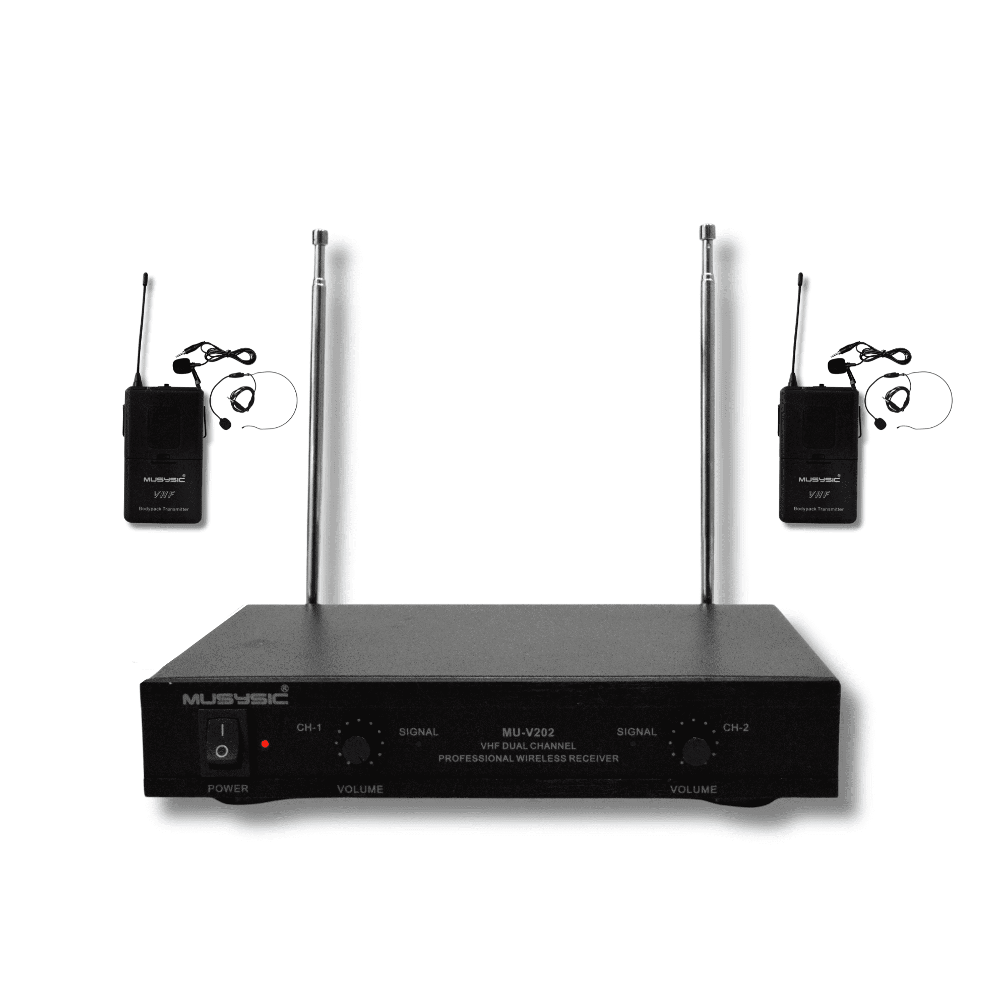 MUSYSIC MU‑V202‑LL Professional 2‑Channel VHF Wireless Microphone System – Dual Lavalier & Headset Mics, 170–250 MHz, Individual Volume Control, 120 ft Range