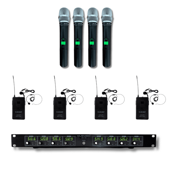 MUSYSIC Professional Wireless Microphone System 8 Channel UHF 4 Handheld 4 Lavalier Microphones