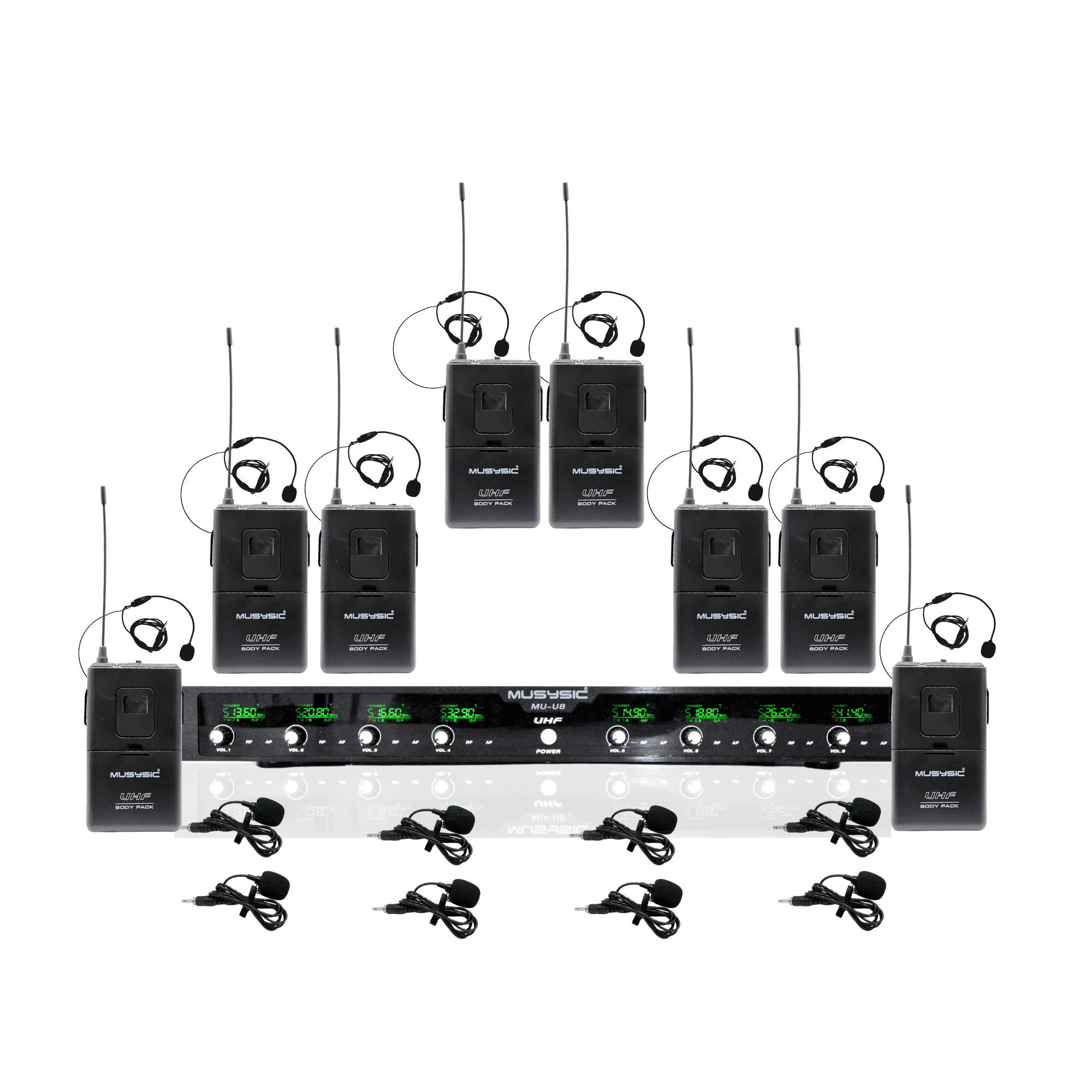 MUSYSIC MU‑U8‑LL Professional 8‑Channel UHF Wireless Microphone System – 8 Lavalier & Headset Mics, Long‑Range, Individual Volume Control, Rackmount Receiver
