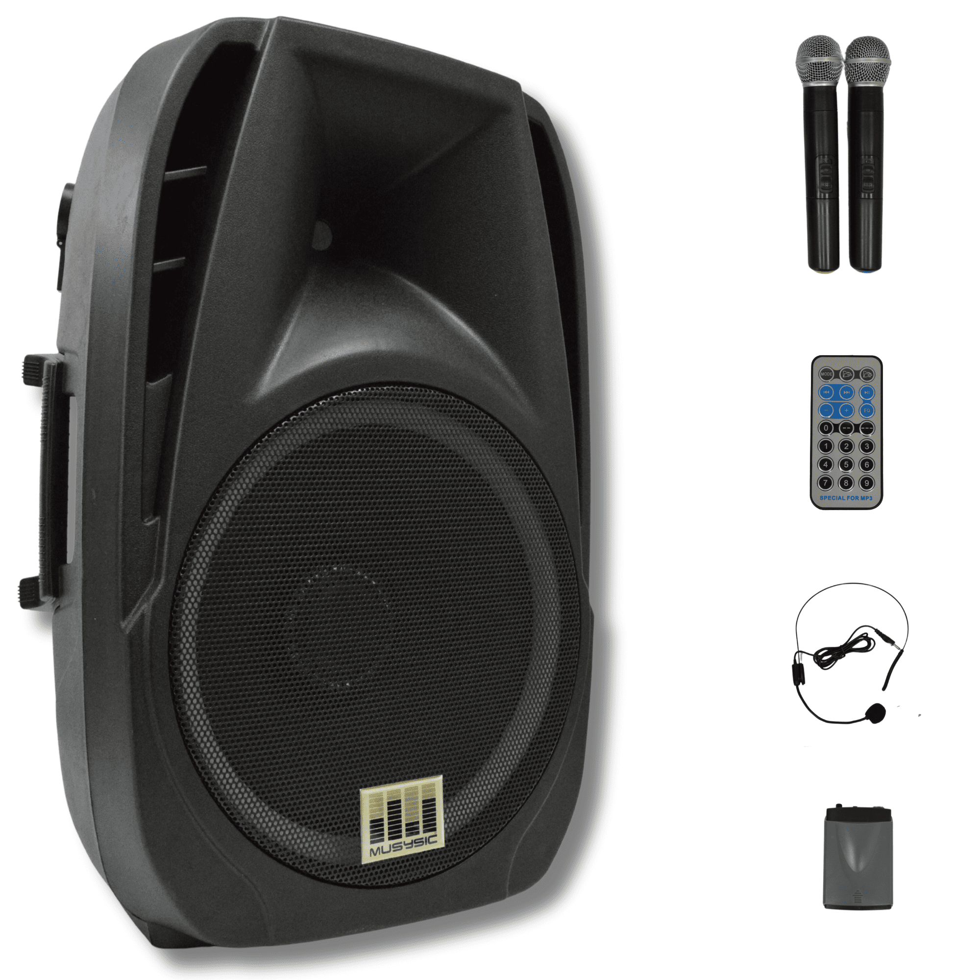 MUSYSIC MUU15PA Professional 15" Portable PA System  2000W Peak, Dual UHF Wireless Microphones, Bluetooth, USB, FM Radio, Rechargeable Battery, Remote Control