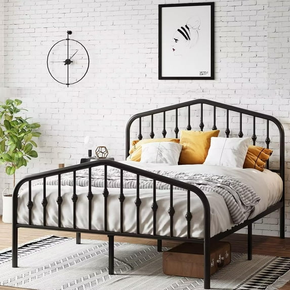 MUTICOR Full Size Metal Bed Frame with Vintage Headboard and Footboard, Heavy Duty Mattress Foundation with Storage, No Box Spring Needed, Easy Assembly,Black