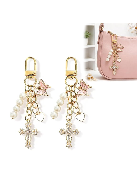 2 Pcs Pearl Cross Key Chains, Gold Butterfly Heart Alloy Dangles, Purse Backpack Pendant Set, for Women, Handbag Keys Phone Charm