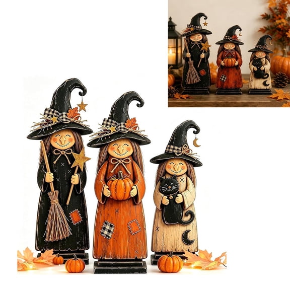 MUTRAIN 3 Pcs Carved Wood Witch Sisters, Cat Broom Hat Rustic Statues Multicolor, Primitive Halloween Decoration, for Spooky Fans, Porch Mantel Shelf