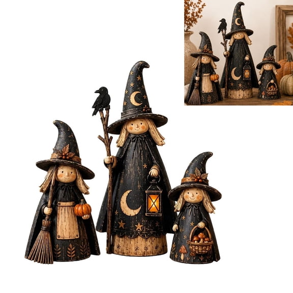 MUTRAIN 3 Pcs Forest Witch Trio, Black Cat Pumpkin Carved Wood Figures, Rustic Halloween Centerpiece, for Spooky Fans, Shelf Mantel Display