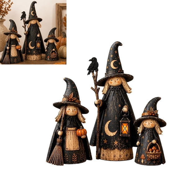 MUTRAIN 3 Pcs Woodland Witch Statues, Carved Black Cat Pumpkin Wood Figures, Primitive Halloween Centerpiece, for Witchy Collectors, Mantel Shelf