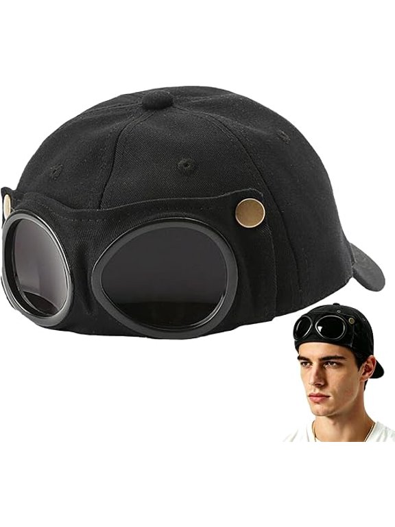 Aviator Baseball Cap with Integrated Goggles, Vintage Pilot Hat with Attached Sunglasses, Retro Goggle Cap for Driving, Outdoor Sports, Black