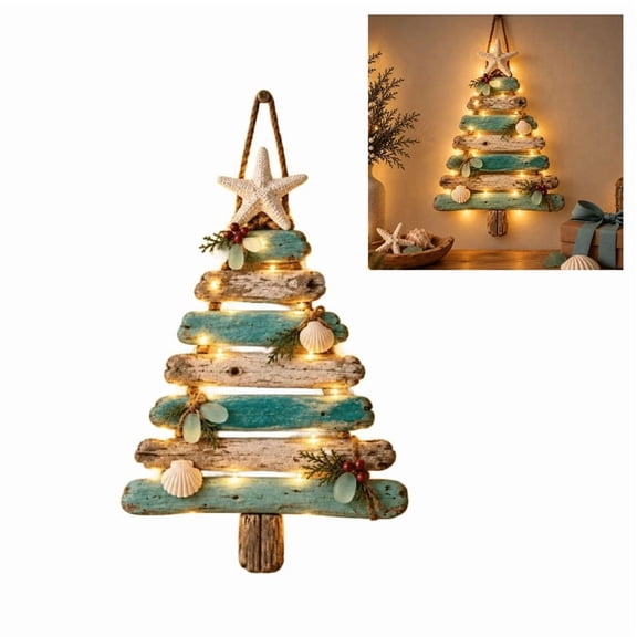 MUTRAIN Beach Driftwood Christmas Tree, Multicolor Wood Teal White Slats Starfish LED Wall Decor, Coastal Lighted Art, for Sea Lovers, Sunroom Porch