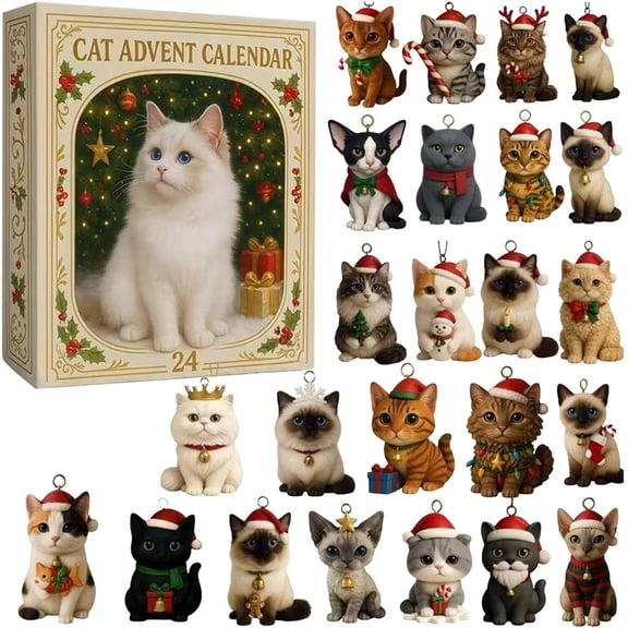 MUTRAIN Cat Countdown Calendar, 24 Flat Acrylic Kitty Ornaments Multicolor, Hanging Christmas Decor, for Cat Lovers, Tree Mantel Display